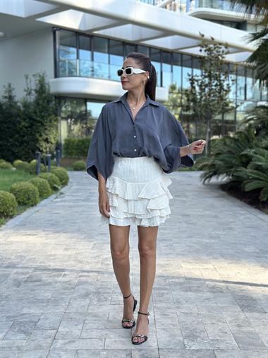 Antrasit Çift Cepli Yarasa Kol Tnsl Kadın Gömlek