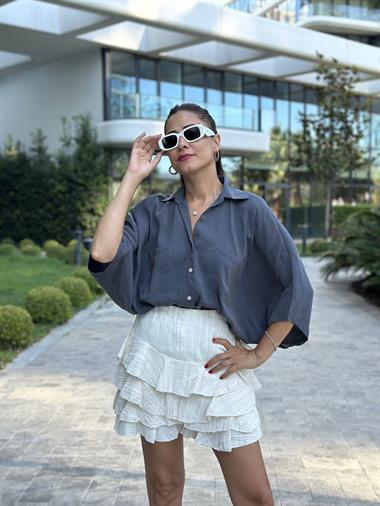 Antrasit Çift Cepli Yarasa Kol Tnsl Kadın Gömlek