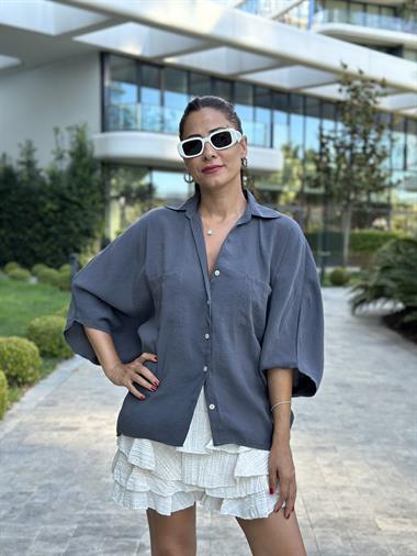 Antrasit Çift Cepli Yarasa Kol Tnsl Kadın Gömlek