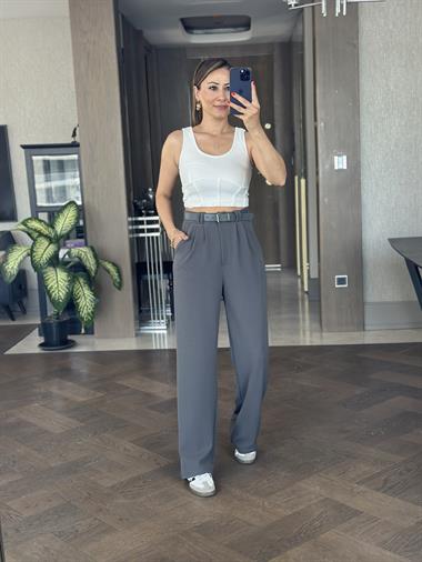 Antrasit Çift Pileli Kemerli Likralı Krep Kadın Pantolon