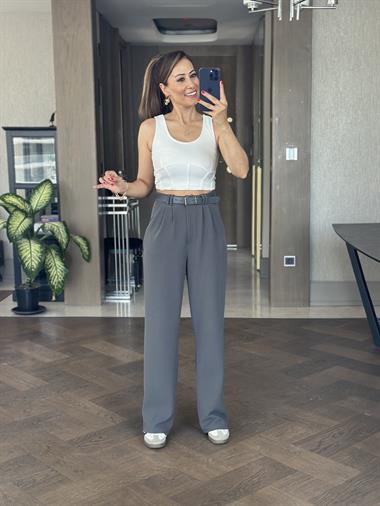 Antrasit Çift Pileli Kemerli Likralı Krep Kadın Pantolon