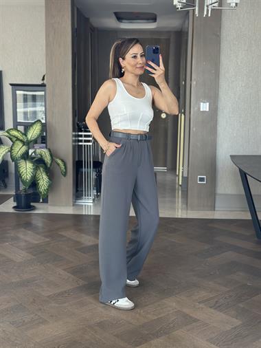 Antrasit Çift Pileli Kemerli Likralı Krep Kadın Pantolon