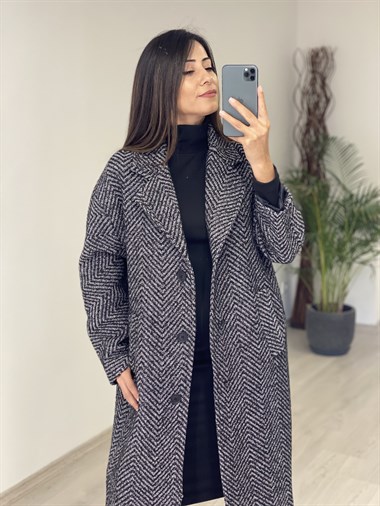 Antrasit Çizgili Düğmeli Kaşe Kadın Kaban