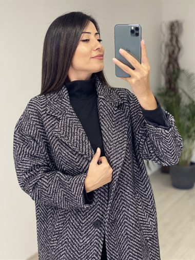 Antrasit Çizgili Düğmeli Kaşe Kadın Kaban