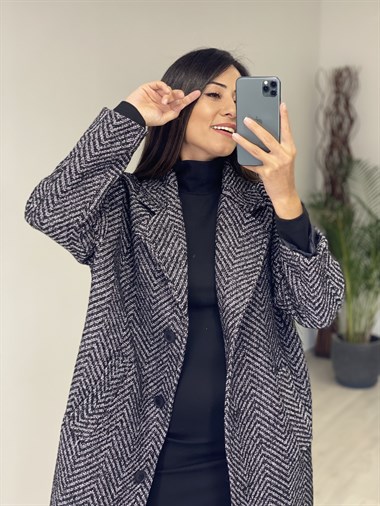 Antrasit Çizgili Düğmeli Kaşe Kadın Kaban