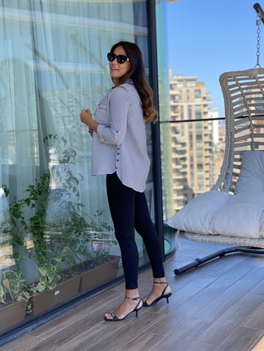 Siyah Çizgili Gofre Kadın Gömlek