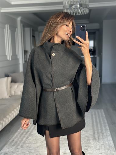 Antrasit Çoban Dikişli Dik Yaka Kemerli Kadın Kaşe Panço
