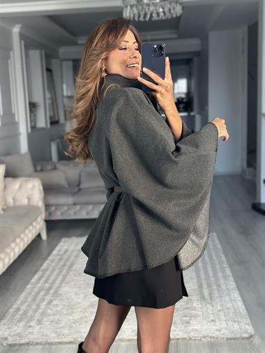 Antrasit Çoban Dikişli Dik Yaka Kemerli Kadın Kaşe Panço