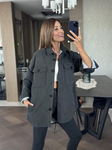 Antrasit Dört Cepli İthal Kaşe Kadın Gömlek