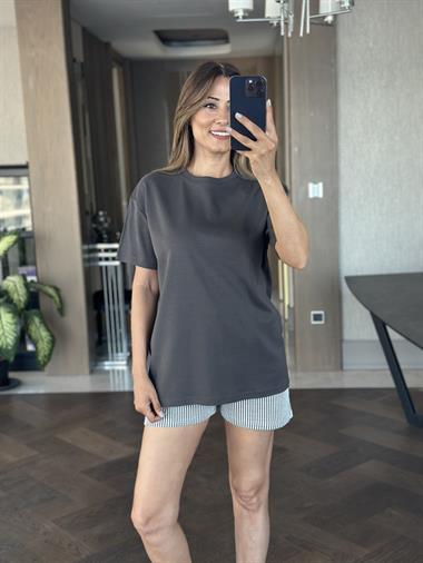 Antrasit Düz Basic Mass Model Kadın T-Shirt