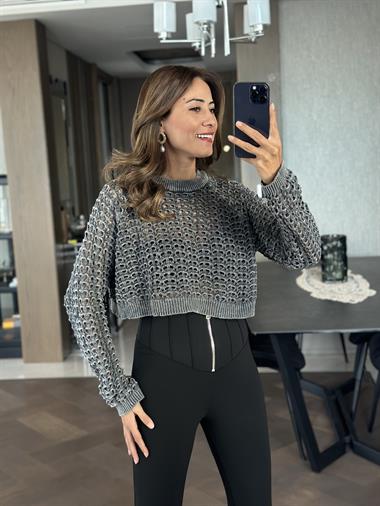 Antrasit Eskitme Triko Kadın Crop Kazak