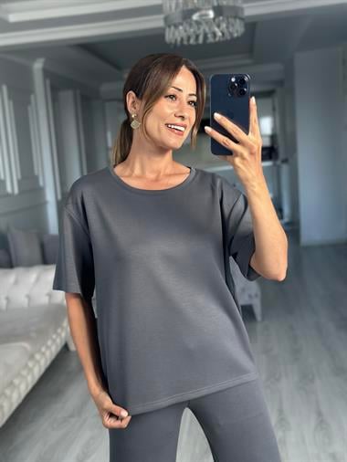 Antrasit İthal Kumaş T-Shirt Cepsiz Pantolon Kadın İkili Takımı