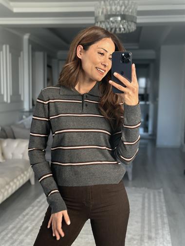Antrasit Kahve İnce Çizgili Polo Yaka Kadın Kazak