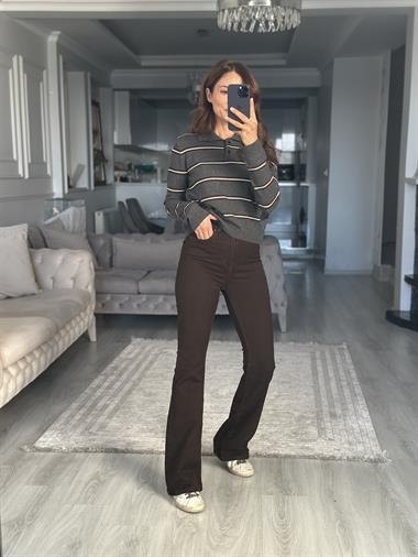 Antrasit Kahve İnce Çizgili Polo Yaka Kadın Kazak