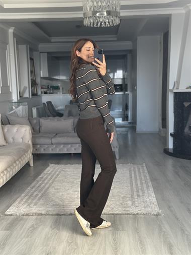 Antrasit Kahve İnce Çizgili Polo Yaka Kadın Kazak