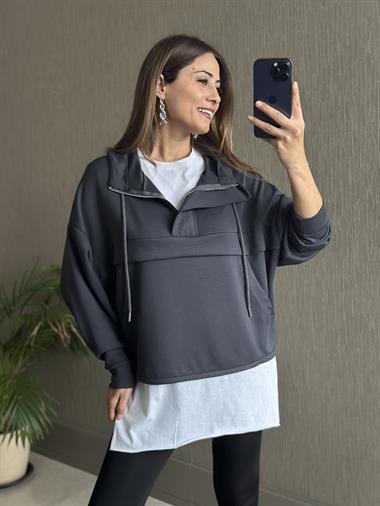 Antrasit Kapüşonlu Yarım Fermuarlı Kanguru Cep Modal Kadın Sweatshirt