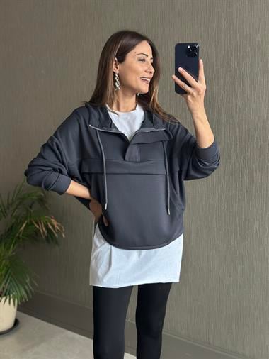 Antrasit Kapüşonlu Yarım Fermuarlı Kanguru Cep Modal Kadın Sweatshirt