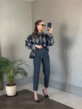 Antrasit Karol Yüksek Bel Önü Flatolu Kadın Kumaş Pantolon