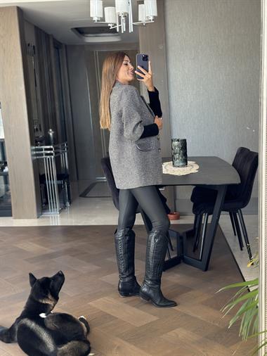Antrasit Kaşe Üç Düğmeli Kolları Triko Kadın Ceket