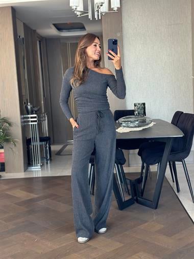 Antrasit Kayık Yaka Yanı Büzgülü Bluz Pantolon Kadın Alt Üst Takım