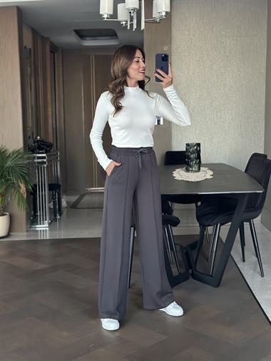 Antrasit Kemeri Kuşgözlü Önü Dikiş Detay Palazzo Kadın Pantolon