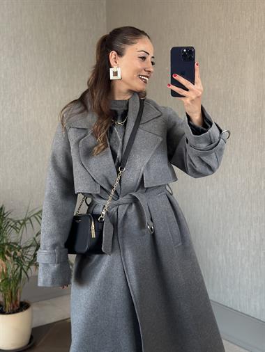 Antrasit Kemerli Rahat Kesim Kadın Kaşe Kaban