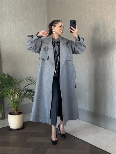 Antrasit Kemerli Rahat Kesim Kadın Kaşe Kaban