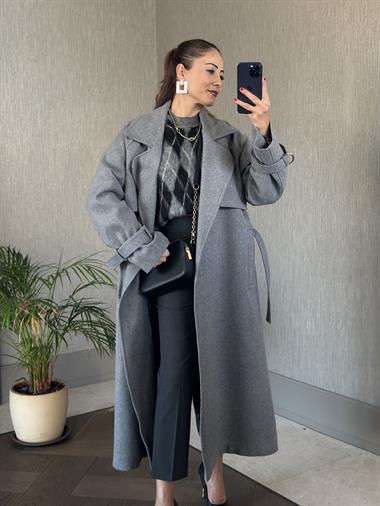 Antrasit Kemerli Rahat Kesim Kadın Kaşe Kaban