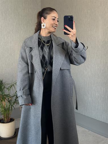 Antrasit Kemerli Rahat Kesim Kadın Kaşe Kaban