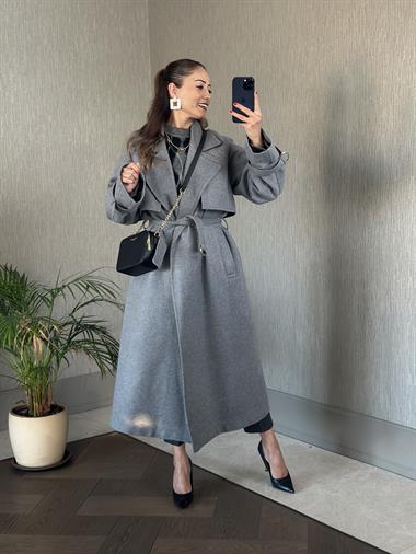 Antrasit Kemerli Rahat Kesim Kadın Kaşe Kaban