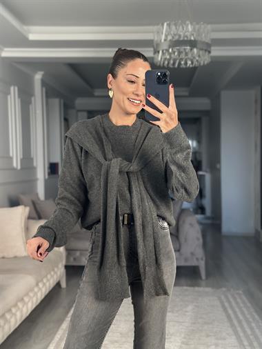 Antrasit Kendinden Şal Detaylı Kadın Triko Kazak