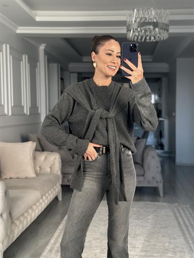 Antrasit Kendinden Şal Detaylı Kadın Triko Kazak