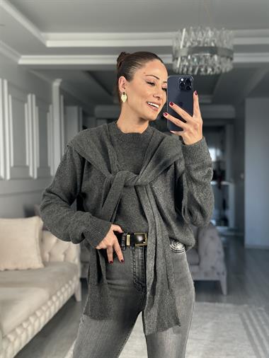 Antrasit Kendinden Şal Detaylı Kadın Triko Kazak