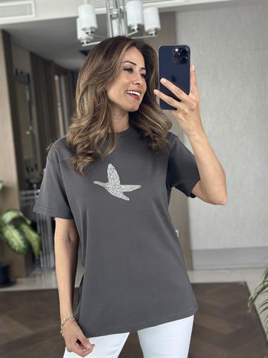 Antrasit Kuş Taşlı Bisiklet Yaka Kısa Kol Kadın T-Shirt