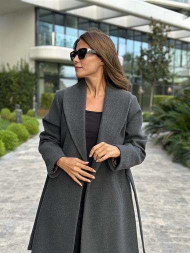 Antrasit Kuşaklı Bornoz Model Kaşe Kadın Kaban