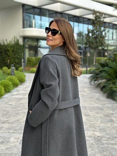 Antrasit Kuşaklı Bornoz Model Kaşe Kadın Kaban
