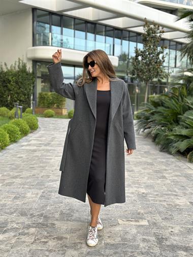 Antrasit Kuşaklı Bornoz Model Kaşe Kadın Kaban