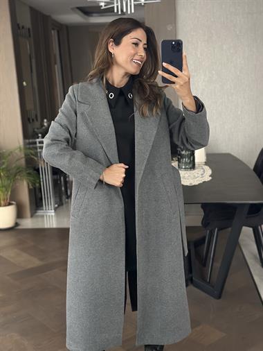 Antrasit Kuşaklı Kesik Yaka Kaşe Kadın Kaban