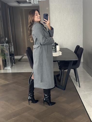 Antrasit Kuşaklı Kesik Yaka Kaşe Kadın Kaban