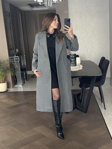 Antrasit Kuşaklı Kesik Yaka Kaşe Kadın Kaban