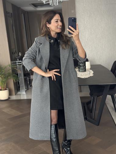 Antrasit Kuşaklı Kesik Yaka Kaşe Kadın Kaban