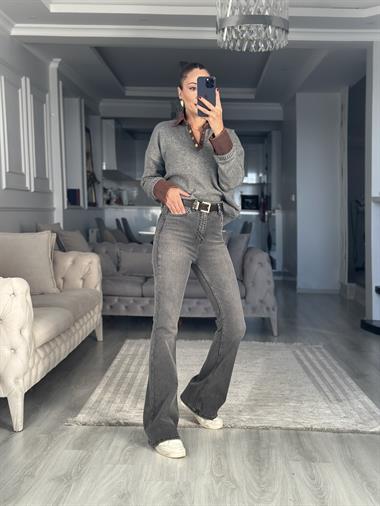 Antrasit Lacarino Likralı İspanyol Paça Kadın Jean Pantolon