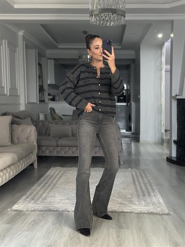 Antrasit Lacivert Şeritli Düğmeli Kadın Triko Hırka