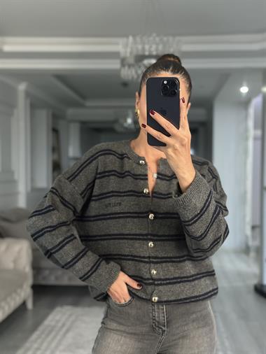 Antrasit Lacivert Şeritli Düğmeli Kadın Triko Hırka