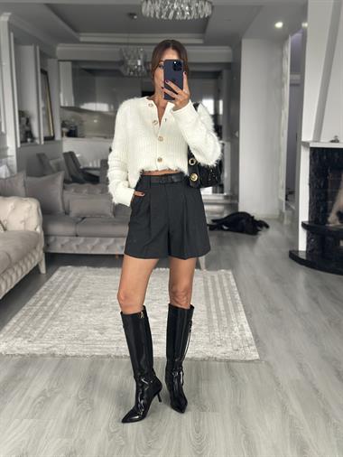 Antrasit Normal Bel Pile Detaylı Kemerli Cepli Kadın Şort