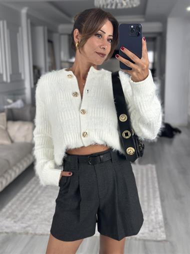 Antrasit Normal Bel Pile Detaylı Kemerli Cepli Kadın Şort