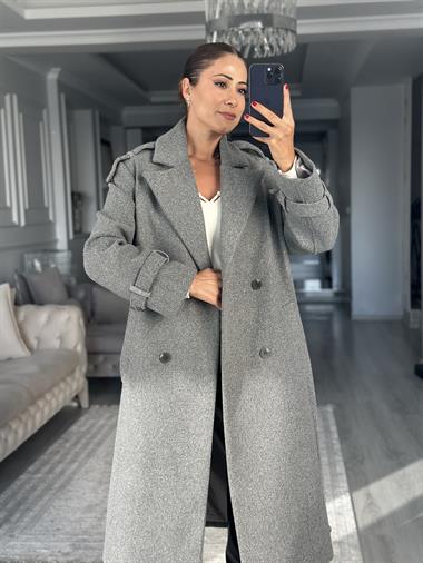 Antrasit Omzu Apoletli Düğmeli Kadın Kaşe Kaban