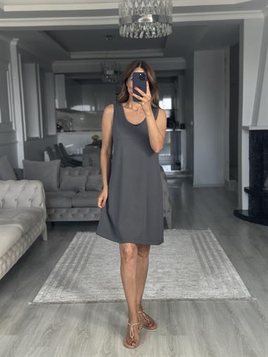 Antrasit Ön Arka U Yaka  Basic Mini Kadın Elbise