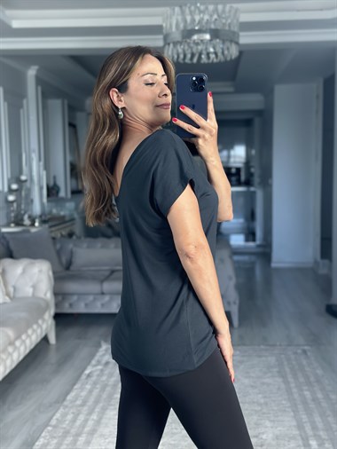 Antrasit Ön Arka V Yaka Kısa Kol Kadın T-Shirt
