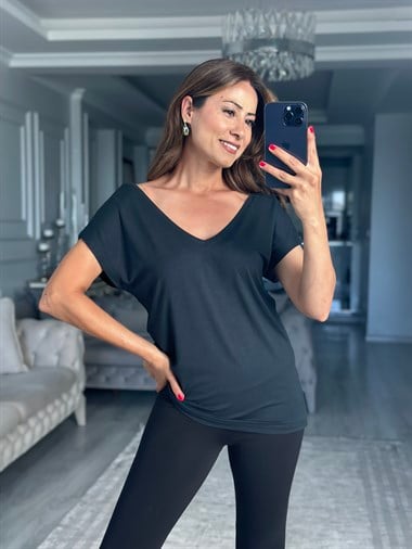 Antrasit Ön Arka V Yaka Kısa Kol Kadın T-Shirt